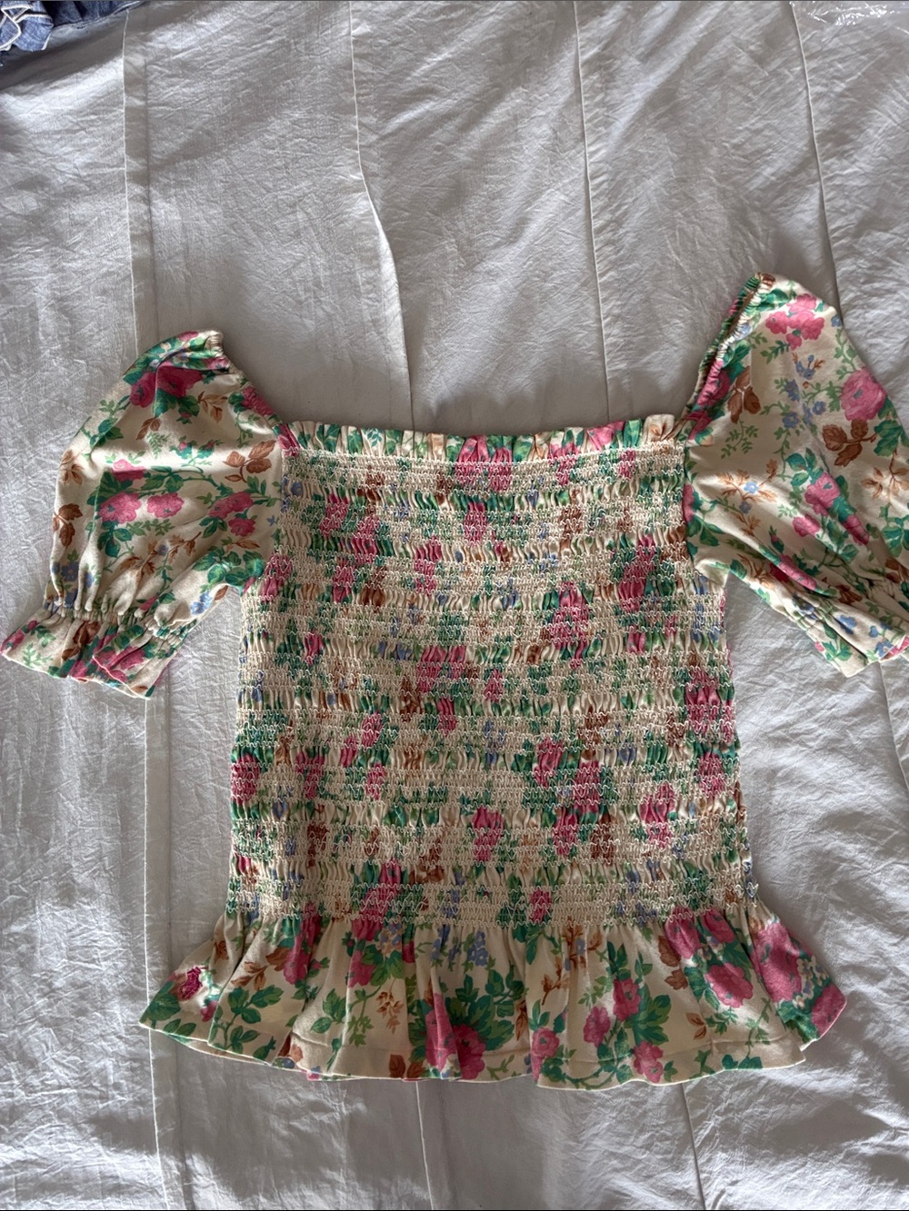 Polo by Ralph Lauren Cream Floral Smocked Puff-Sleeve Top